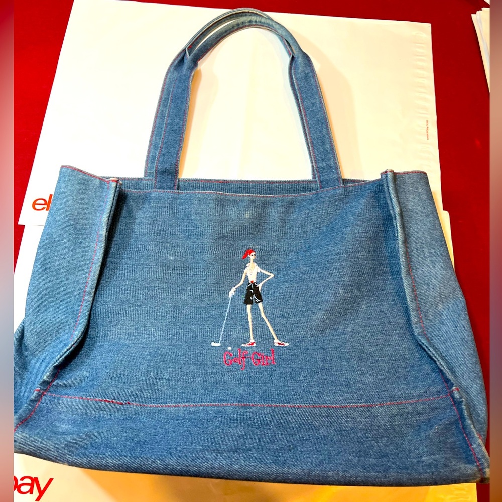 GOLF GIRL blue jean Tote BAG Carry On Travel Embroidery Red Cloth Lining 16x13”